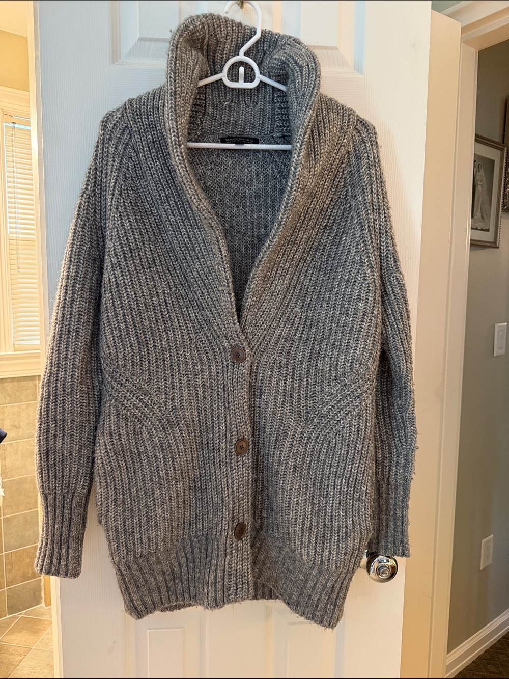 Banana Republic Gray Ribbed Shawl-Collar Button Cardigan